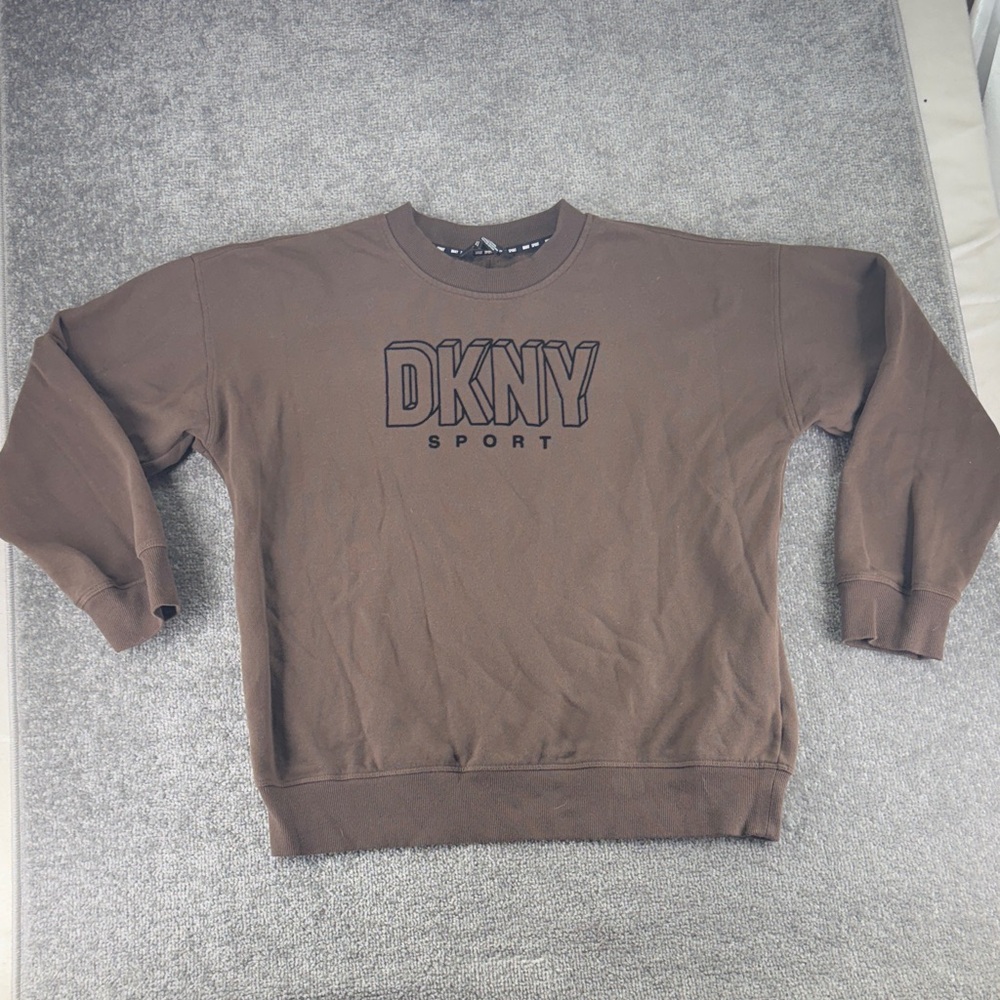 DKNY Sport Long Sleeve Crewneck Sweater Shirt Brown Black Womens M Embroidered